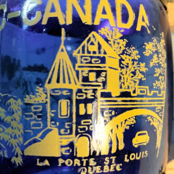 Quebec Canada Souvenir Cobalt Blue Glass Mug Wooden Handle Vintage - Picture 7 of 12